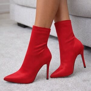 Steve Madden Lovely Red Satin Stiletto Bootie Ankle Boots